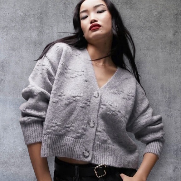 Nordstrom Topshop Cropped Basket Weave Stitch Cardigan in Grey Women’s 10 NWOT - Picture 1 of 13